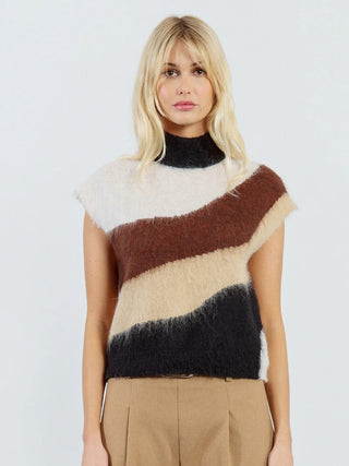 a soft fur knitted sleeveless sweater a high neck and black neutral stripes