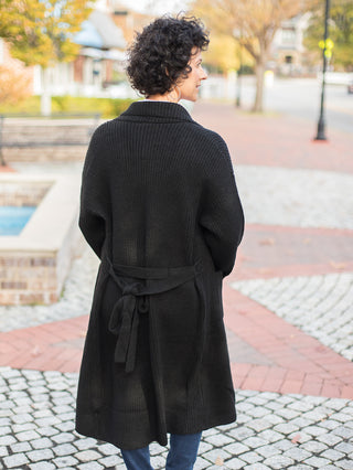 Cloudy Skies Belted Sweater Duster - Black