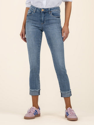 soft stretchy medium wash cropped denim jeans with a cuffed frayed hem