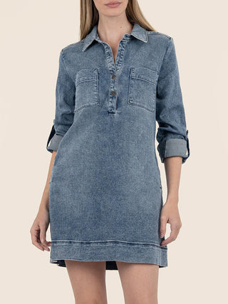 a long sleeve blue henley denim mini dress with front buttons a chic collar