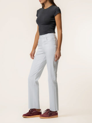 white high rise denim jeans with pockets a straight leg silhouette worn with a gray tee