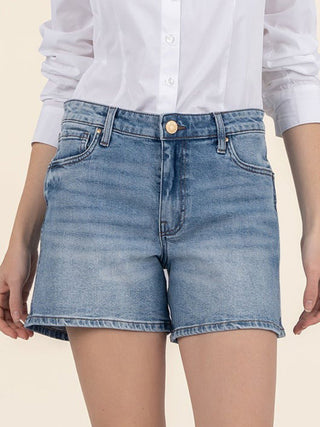 classic high rise denim jean shorts with a flattering fit