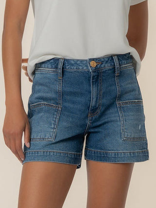 a pair of denim jean shorts with squared pockets