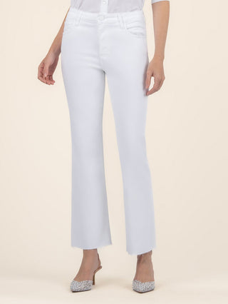 high rise white denim jeans with flare ankle and raw hem