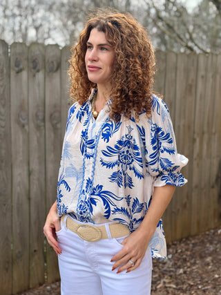 Leafy Damask Top - Ocean