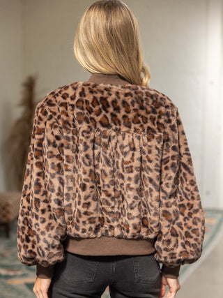Leopard Print Fur Bomber Jacket - Brown