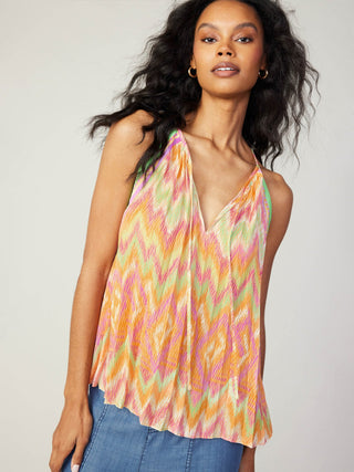 lightweight tropical orange halter top with v neck and self tie closure