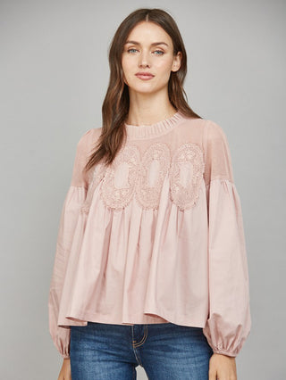 mauve lace applique long sleeve cotton blouse