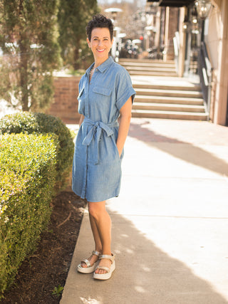 simple chambray short sleeve shirt dress with self tie belt worn with white platform sandals