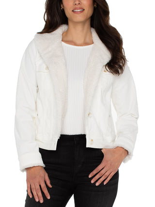 an open front ivory white corduroy jacket with faux fur and sherpa accents