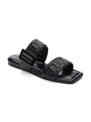 stylish and functional black logo stitch sandals with a demi wedge