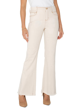 mid rise neutral colored denim flare jeans with a frayed hem