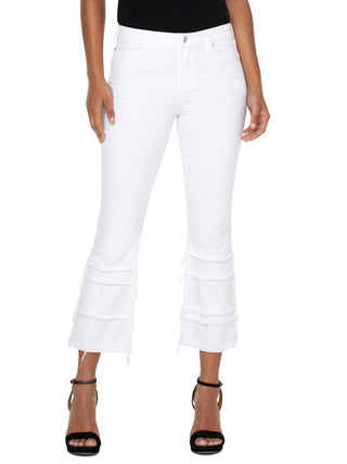 flattering cropped flare white denim jeans with layered fray detail