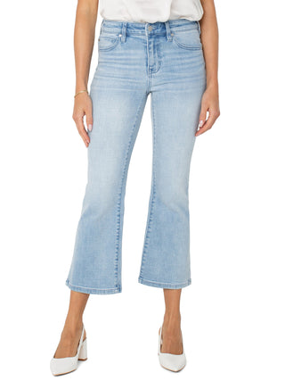cropped light wash denim jeans with flare ankle 