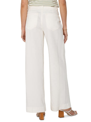 lightweight cream colored denim flare pants with patch pockets