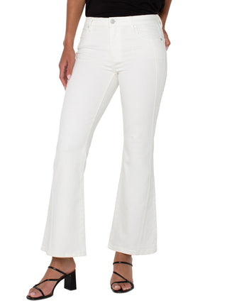 white denim jeans with ankle flare and seam detailing