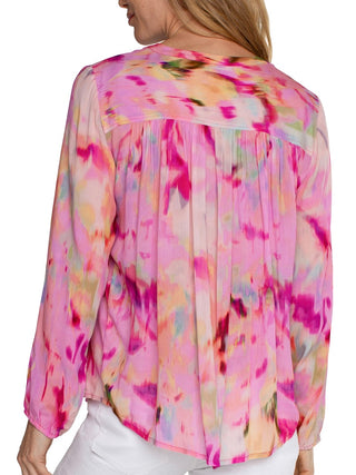 Liverpool Sheer Button Front Blouse - Fuchsia Watercolor