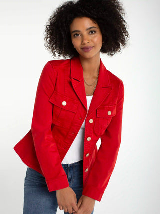 a bright red button front collared peplum jacket with front pockets