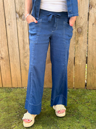blue pull on drawstring wide leg pants with two front pockets
