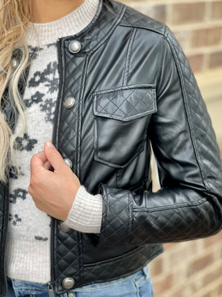 Liverpool Scoop Neck Quilted Faux Leather Jacket - Black