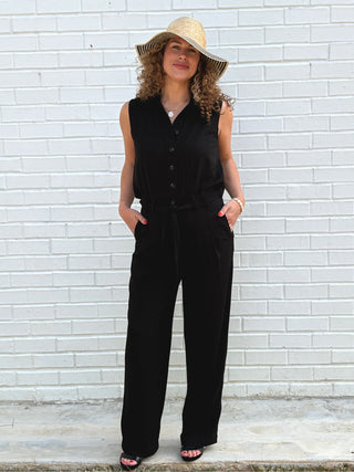 black sleeveless button up pant jumpsuit 