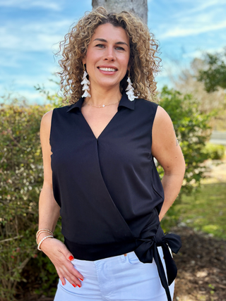 black sleeveless side tie blouse 