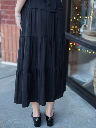 Liverpool Tiered Woven Maxi Skirt with Smocked Waist - Black