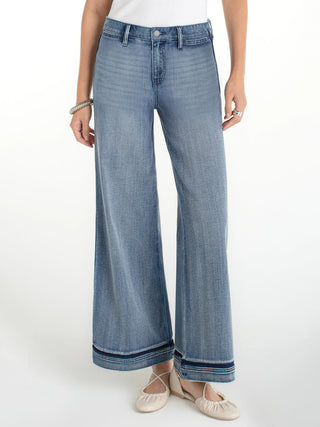 a pair of light wide leg lengthening denim jeans with a tonal shading at the seam