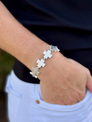 silver cross bead stretch bracelet