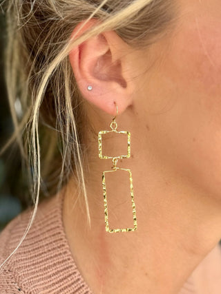dainty dangling gold earrings with hammered square and rectangle shapes in 18k gold