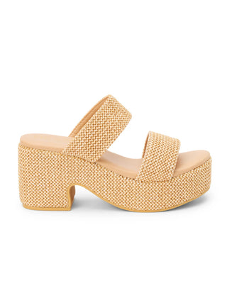 a beachy woven tan chestnut two strap heeled sandal