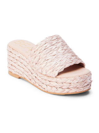 comfortable padded slip on raffia platform sandal in blush pink