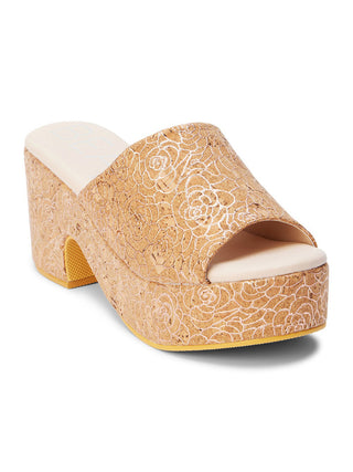 beachy padded slip on natural cork platform sandal with subtle rose pattern