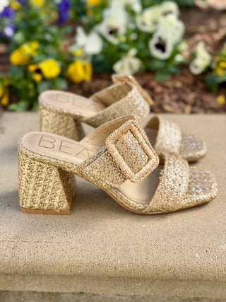 gold metallic raffia heeled sandals