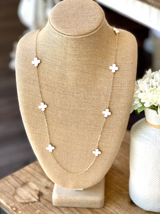 long white resin quatrefoil gold chain necklace