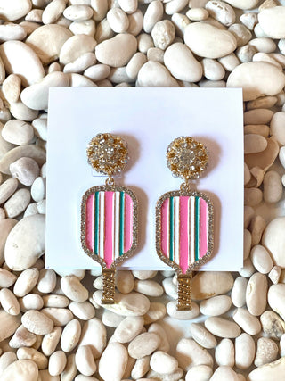 glowing pink and green strip pickleball earrings with crystal and gold ball
