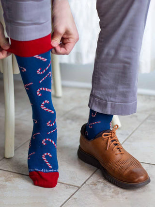 festive red and navy mens socks with candy canes