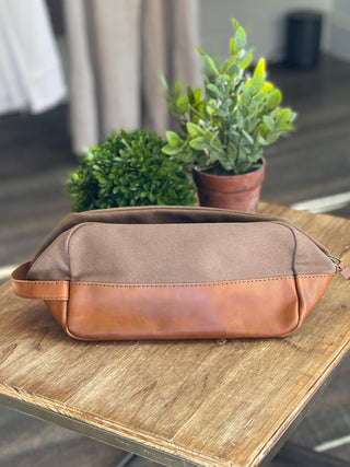 the modern man cognac faux leather travel toiletry bag in olive green