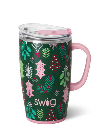 a travel yeti style mug with a pink and green mistletoe holiday design