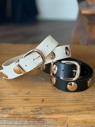 Metallic Disc Studded Vegan Leather Belt - Black