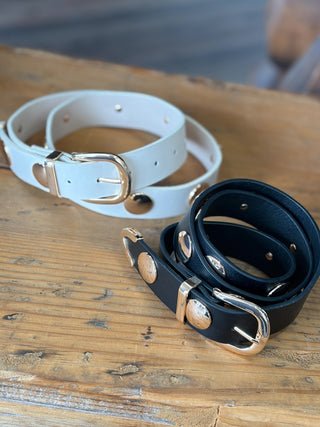 Metallic Disc Studded Vegan Leather Belt - White