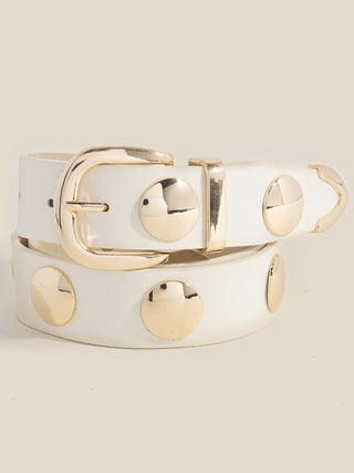 Metallic Disc Studded Vegan Leather Belt - White