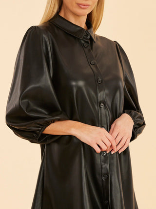 Metallic Glow Faux Leather Mini Dress - Black
