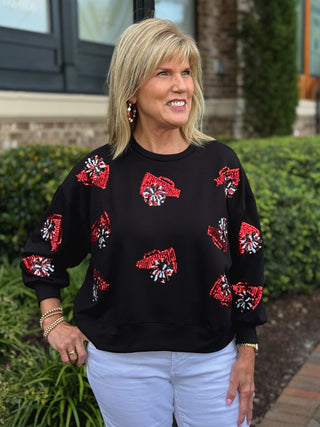 black sweatshirt with red cheer sequin print
