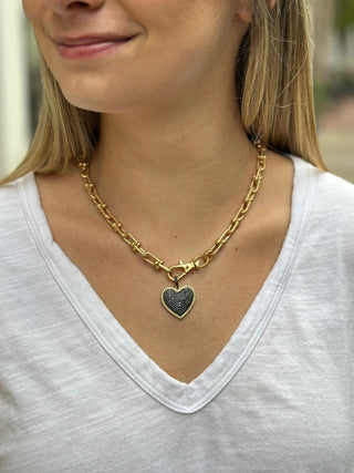 Mini Pave Heart Chain Necklace - Black