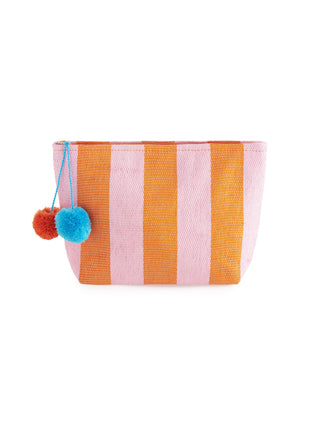 orange and pink zip pouch with pom poms