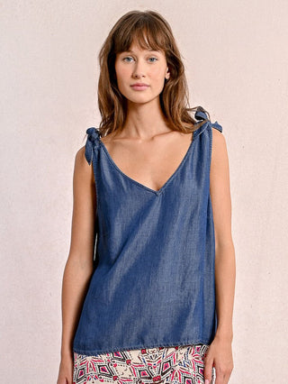 denim blue tencel top with shoulder ties and v neck