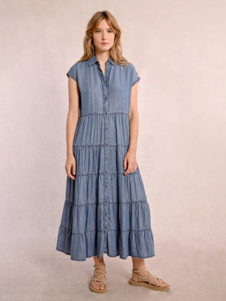denim blue maxi dress with a blouse collar  short sleeves and button front