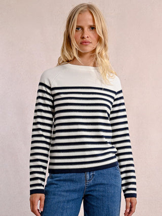 a lightweight off white and navy striped sweater with subtle gold accents