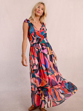multi colored abstract print maxi dress with v neck and ruffles 